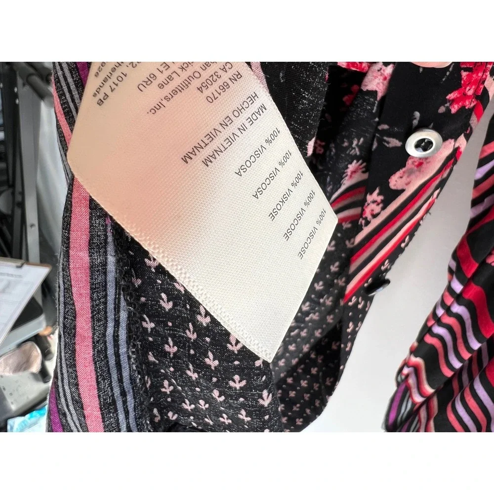 Free People Hazel Buttondown Black Combo Floral Stripe‎ Blouse XS Boho Top
